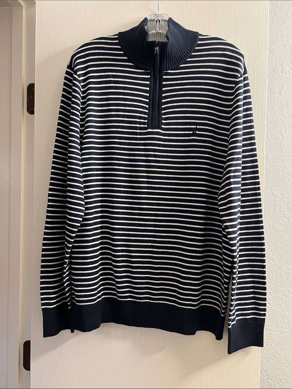 Nautica Navy & White Striped Quarter-Zip Sweater